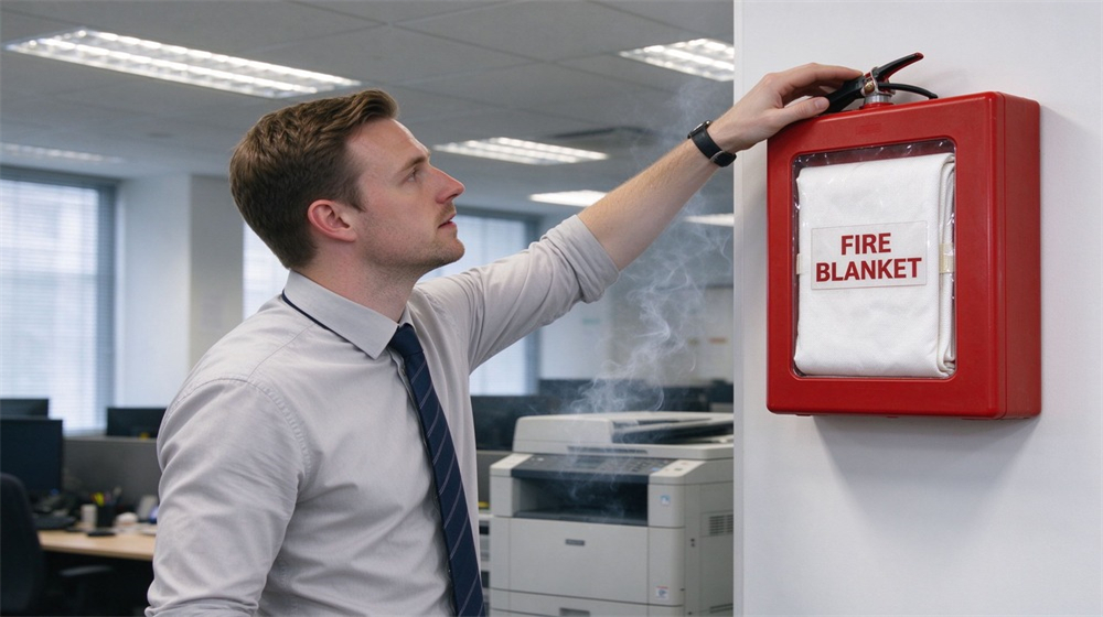 Office scene of a Caucasian office worker near a smoking overheated office printer, holding a red packaged fire blanket ready to use, modern open plan office, smoke rising from the equipment, daytime light