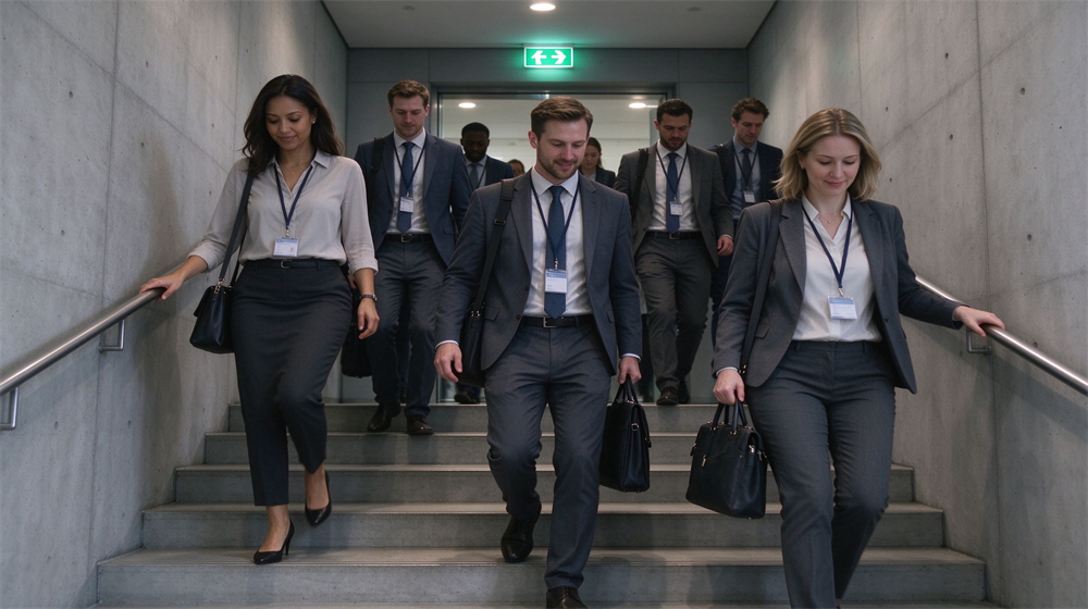 Modern office concrete stairwell with several business casual workers of different faces evacuating down stairs in an orderly single file holding handrails, green EXIT sign glowing above, even stairwell lighting