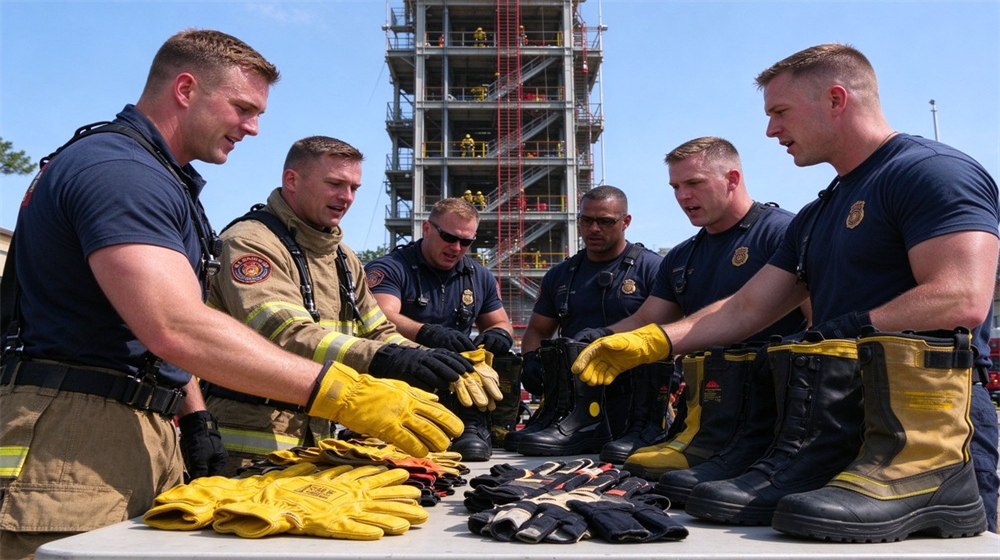 Firefighters gather around table to inspect fire gloves and boots before training at fire training tower