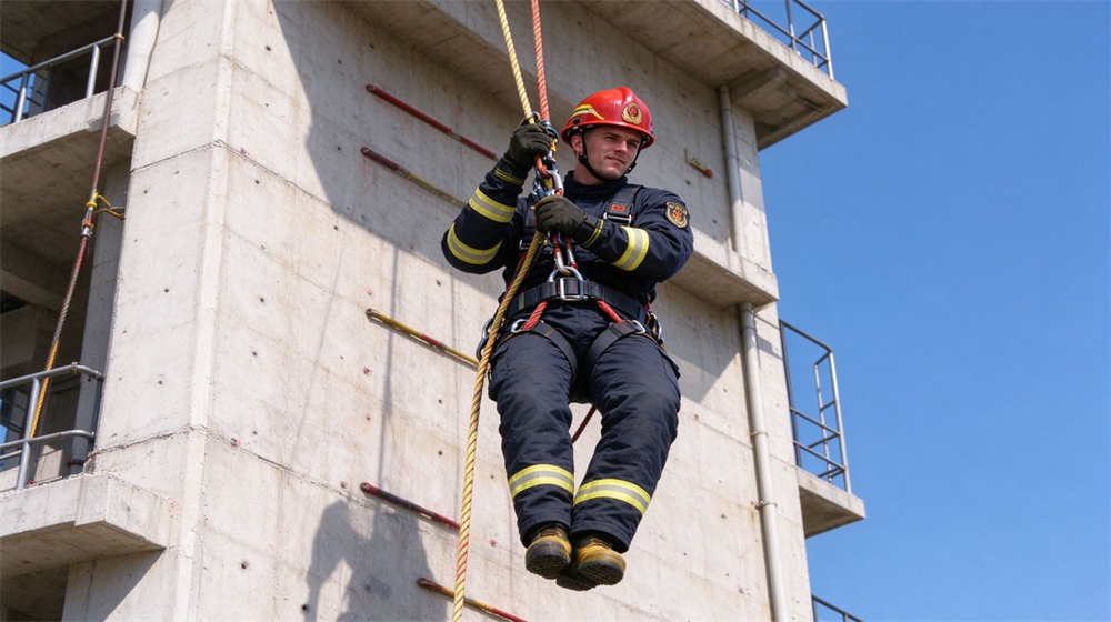 Firefighter with safety harness and helmet descends using rescue rope beside concrete training tower