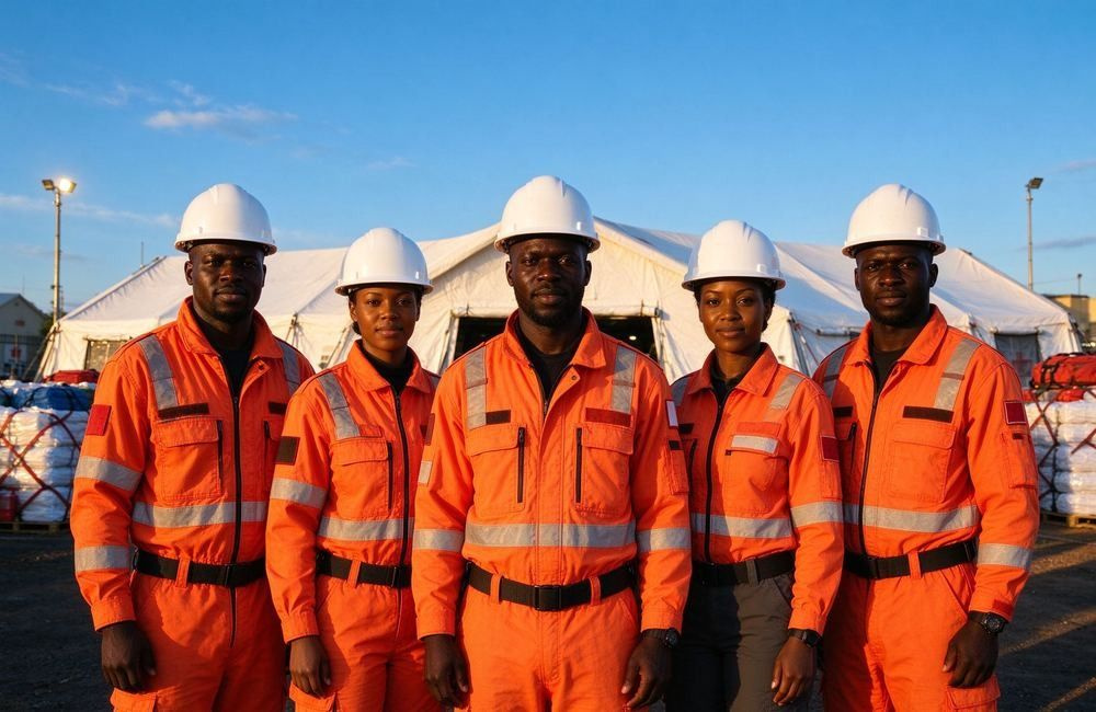 Bright African emergency responder team wearing orange high-visibility protective workwear standing together at a field base, showing bulk emergency responder gear for African operations