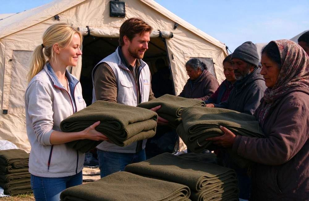 Field volunteers handing supplies to families at an emergency response point in bright daylight, showing rescue worker gear Africa in real deployments