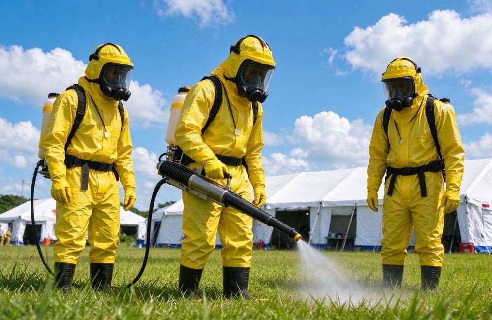 African response team wearing yellow splash protection coveralls during a field decontamination drill, showing hazmat suit use in emergency responder gear programs