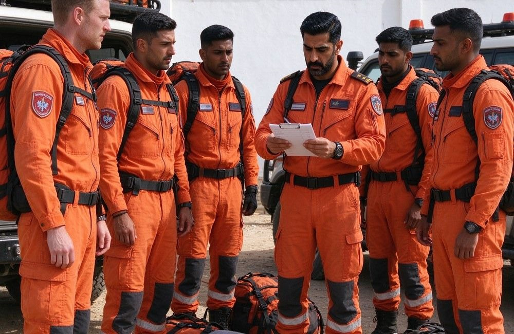 Six rescue team members in plain orange uniforms stand assembled at a field base while the Middle Eastern team leader checks a list and gear lies at their feet
