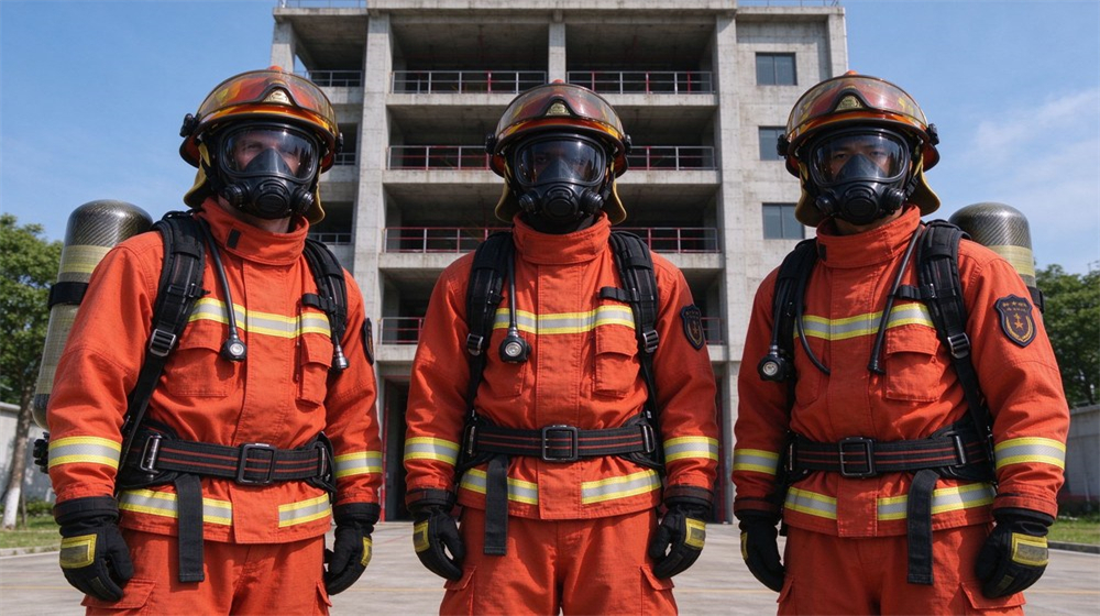 Three firefighters wearing orange fire protective suits, helmets and self-contained breathing apparatus, fully equipped for emergency rescue Three firefighters wearing orange fire protective suits, helmets and self-contained breathing apparatus, fully equipped for emergency rescue