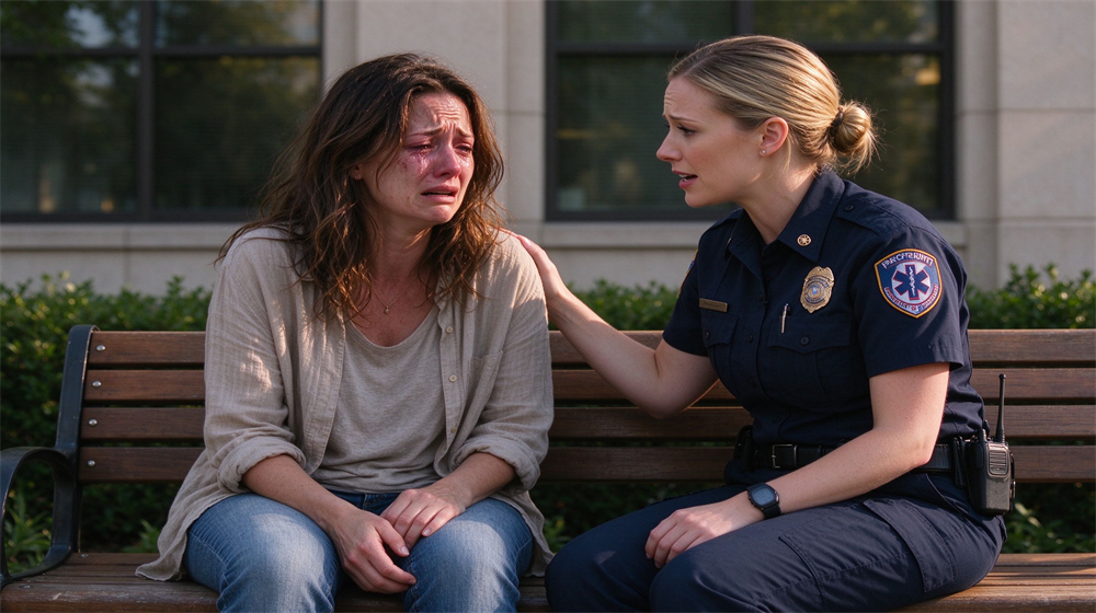 Outdoor bench scene with a female emergency responder in dark blue uniform sitting beside a distressed civilian woman, hand on shoulder in a supportive calm posture, afternoon sunlight, building facade background, no injuries visible