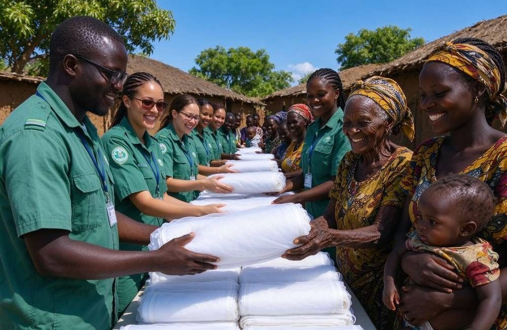 African community health workers distributing treated mosquito nets to families at a post-flood village distribution point, showing mosquito nets after flood reaching households