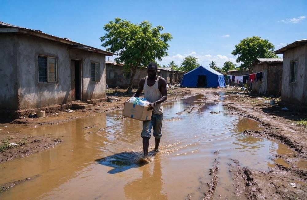 Aerial view of a flooded African village with standing water around houses and tents, showing post-flood malaria prevention needs in affected communities