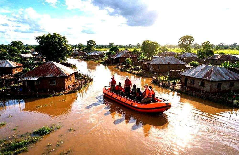 Aerial view of a flooded African village with standing water, muddy ground and tents, showing mosquito nets after flood and waterborne disease prevention needs