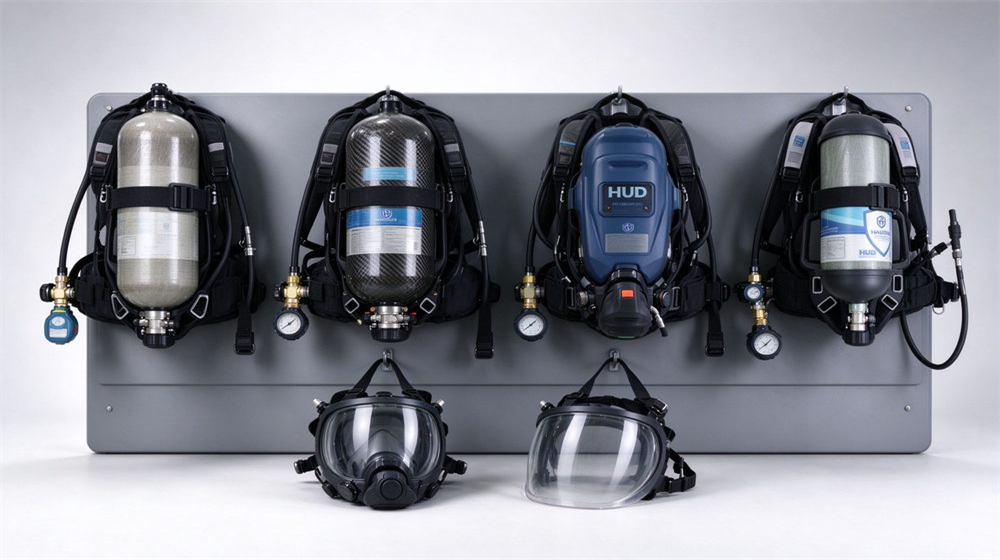 Studio product shot of four SCBA models lined up on light gray background showing carbon fiber cylinder and steel cylinder options in black, navy and orange back plate variants
