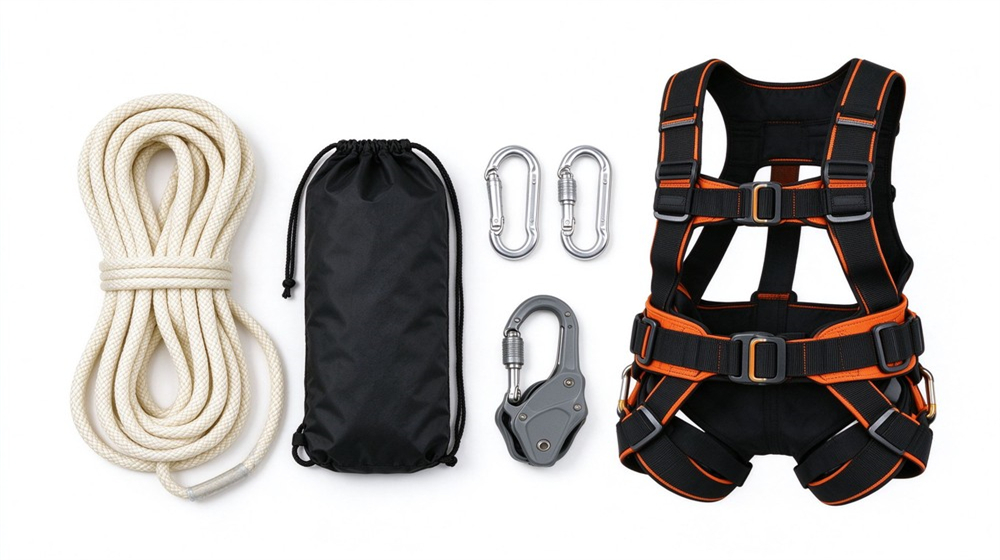 Studio product shot of escape rope and safety harness family on light gray background: multiple kernmantle rope coils in orange, white and red paired with full body harnesses and carabiners