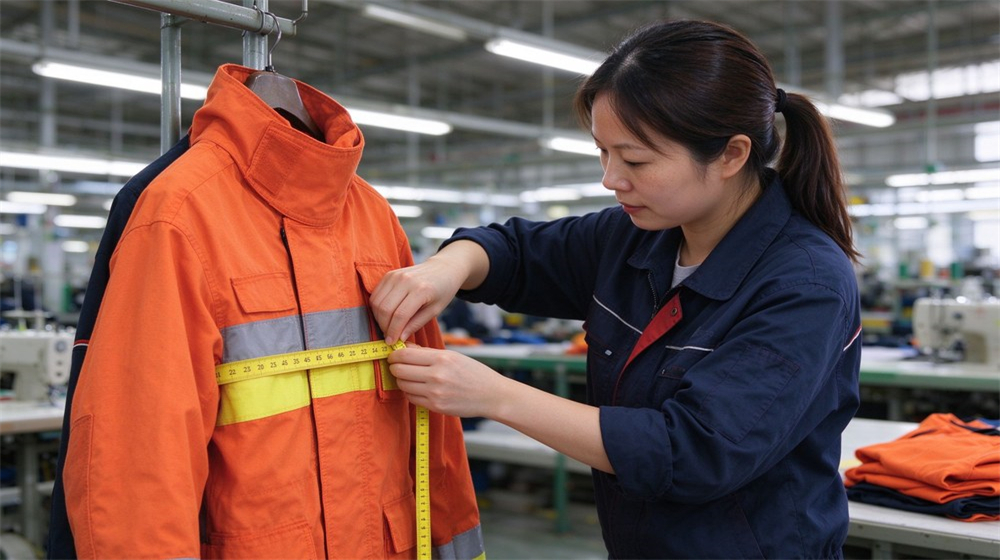 Factory worker measures safety protective jacket with tape measure during quality inspection inside garment workshop.