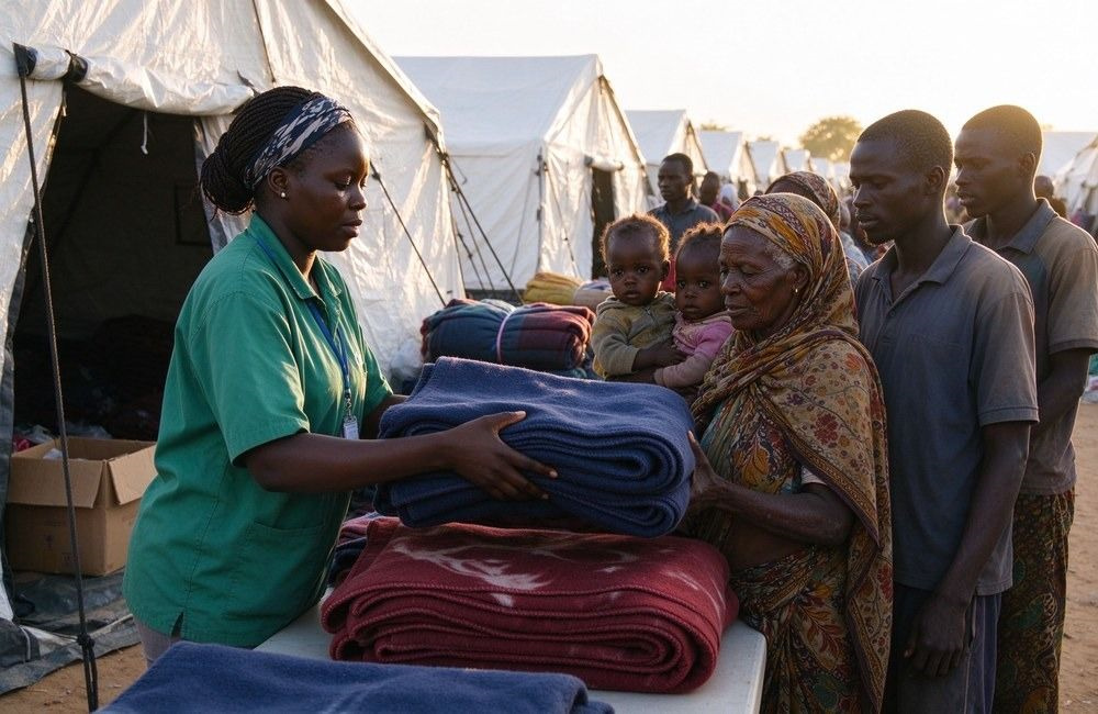 African camp workers handing folded relief blankets to displaced families at an IDP camp in the Sahel, showing camp relief supplies Africa distribution in bright morning light