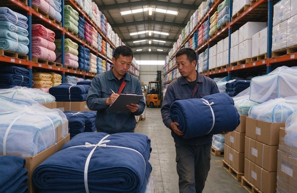 Asian warehouse workers checking stacked blanket bales and mosquito net cartons in a bright warehouse, showing pre-positioned camp supplies ready for dispatch