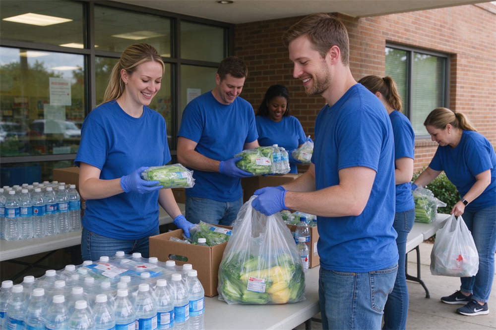 Flu emergency relief volunteers distributing supplies, community aid for influenza season, plain blue t-shirts no logos