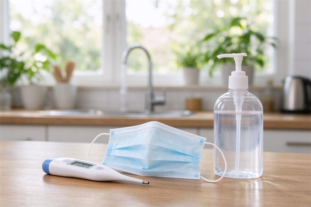 Thermometer mask and sanitizer on kitchen table, home flu emergency kit essentials for influenza preparedness and prevention