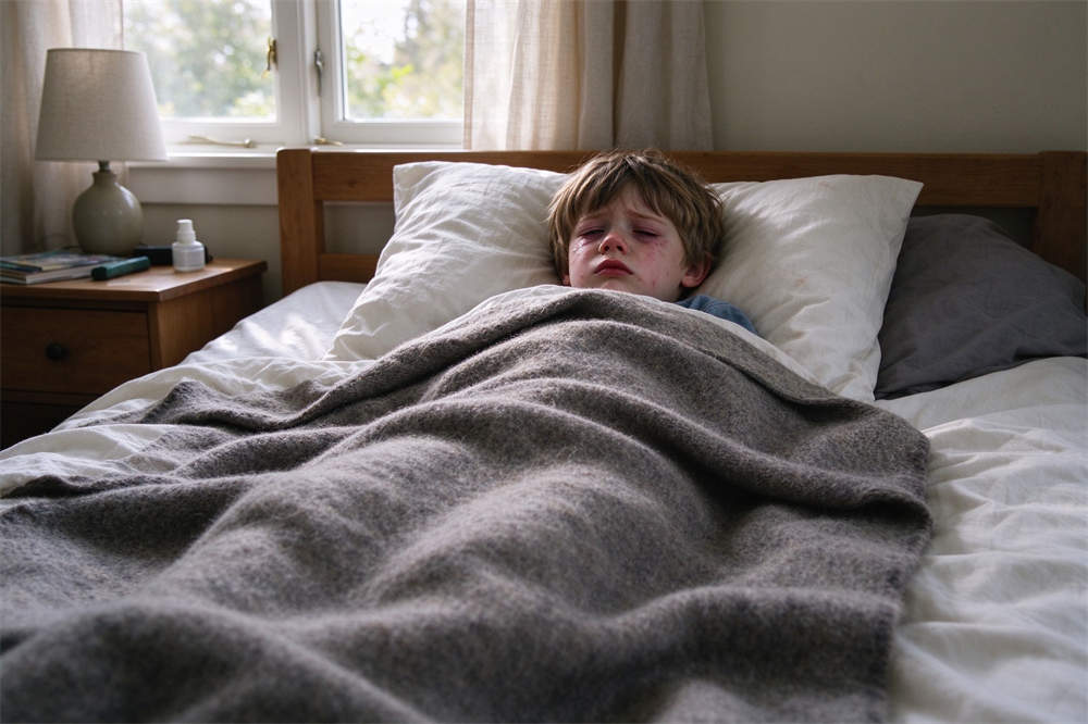 Child resting in bed at home covered with thick wool blanket, influenza recovery comfort supplies for household flu kit