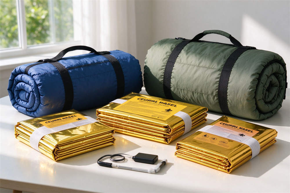 Blankets and sleeping bags product on windowsill, comfort supplies for flood emergency and water disaster relief