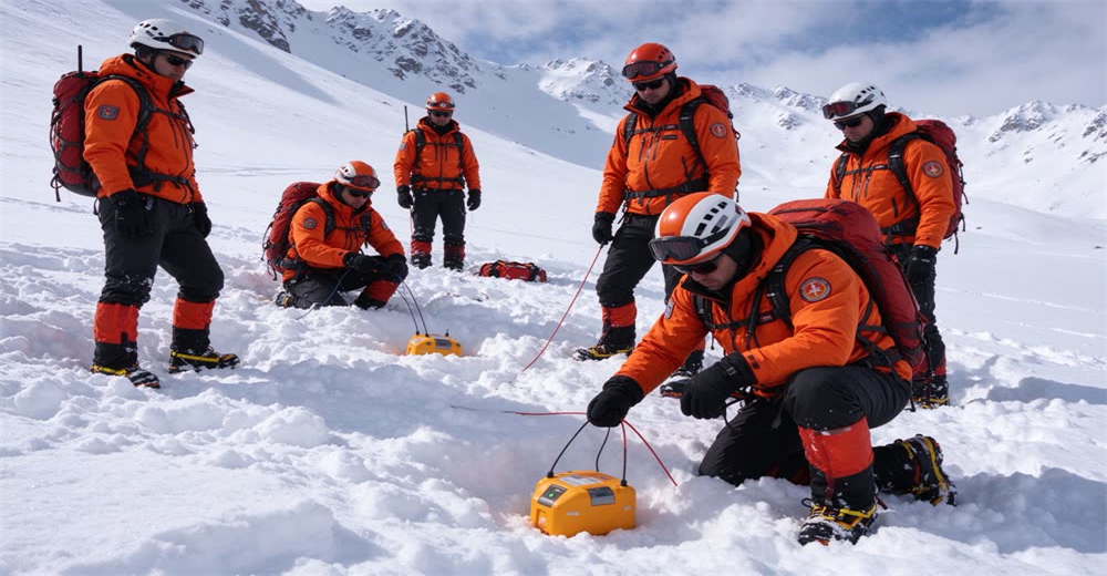 Wide view of rescue team practicing beacon search on snowy training slope showing avalanche rescue certification