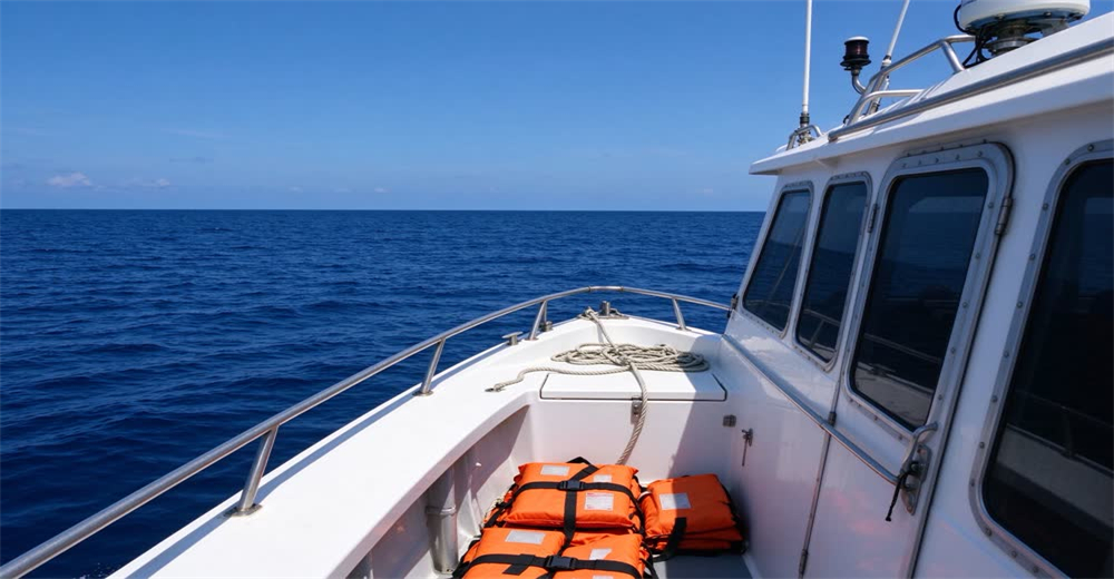 Wide view of small fishing boat on open sea with waves showing maritime emergency and boat safety equipment
