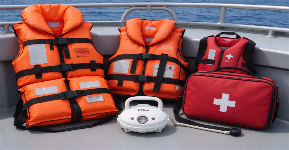 Flat lay product family of maritime safety supplies including life jackets life raft EPIRB and signal flares on white background
