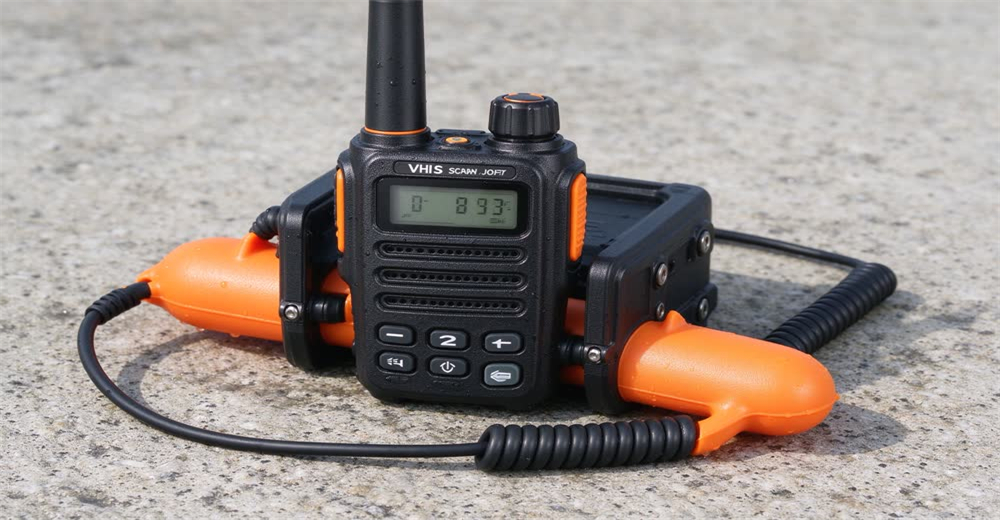 Front view of black VHF marine two-way radio showing maritime communication equipment for vessel emergency