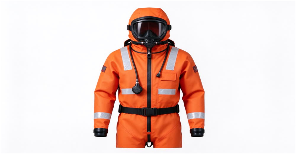 Front view of orange neoprene immersion survival suit showing cold water protective suit for maritime emergency