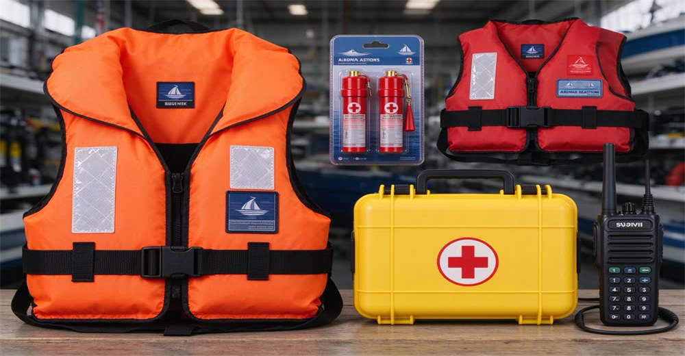 Flat lay complete maritime safety kit including life jacket flares first aid and radio showing wholesale boat safety equipment