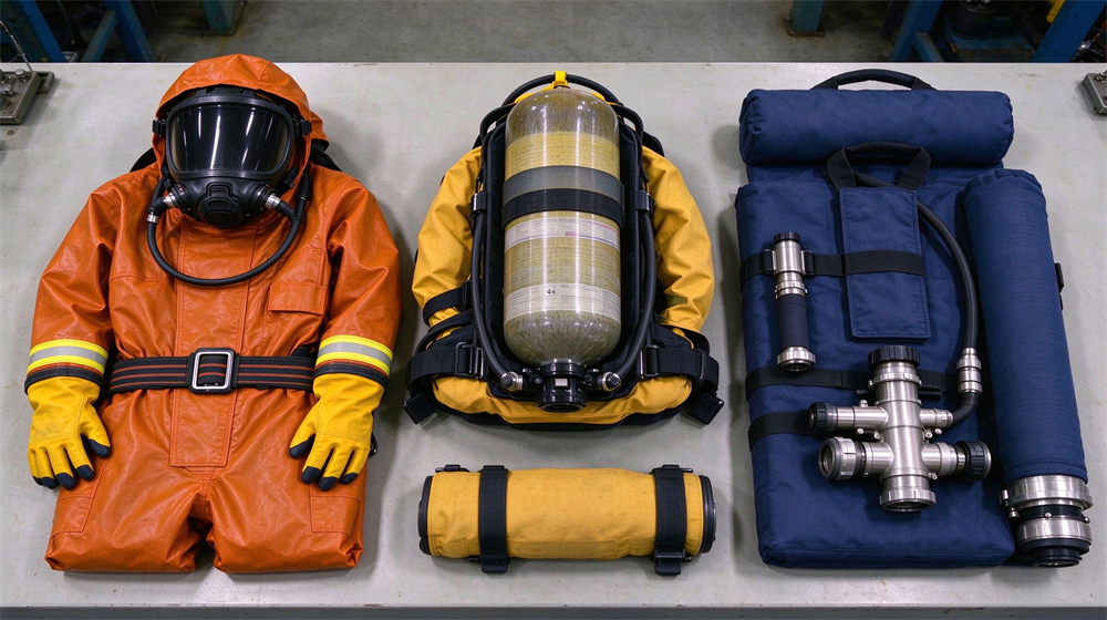 Orange chemical protective suit, air breathing apparatus and fire hose equipment neatly laid flat on inspection table Orange chemical protective suit, air breathing apparatus and fire hose equipment neatly laid flat on inspection table