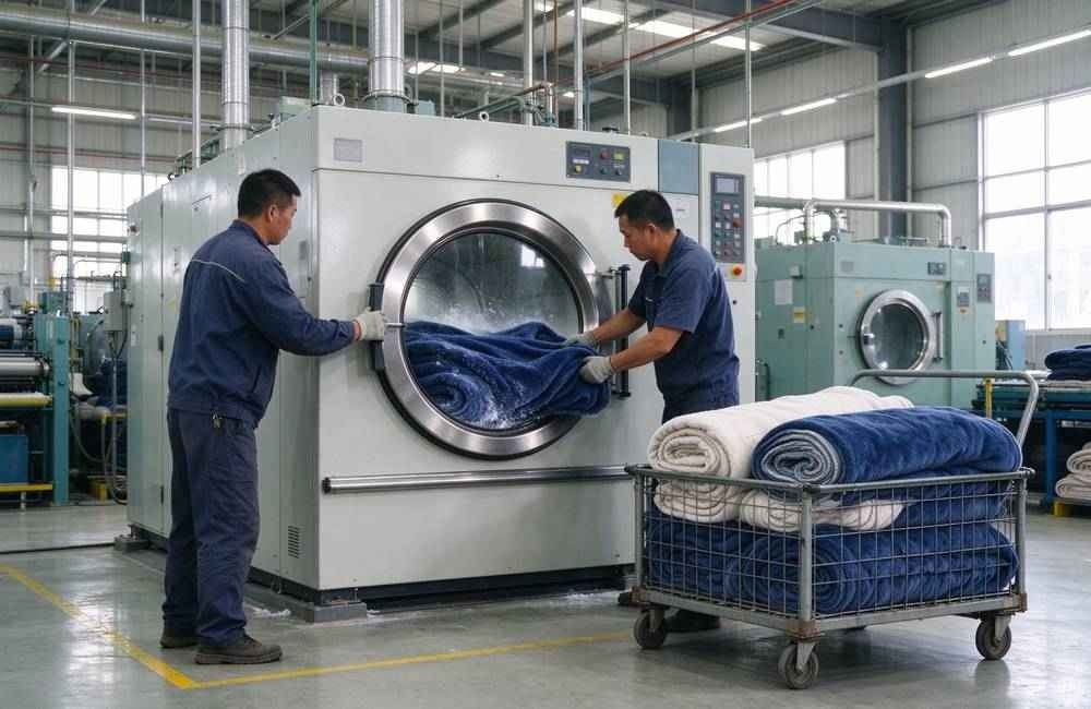 Industrial washing machines processing blankets for drought response, showing how dust resistant blankets are laundered and reused in arid climates