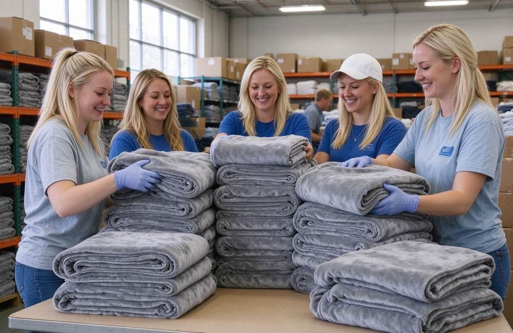 Volunteers folding and sorting blankets for drought relief dispatch, showing agency logistics for emergency blankets for East Africa drought programs