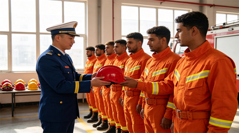 Officer presents safety helmet to new team member during formal equipment issuance ceremony inside fire station. Officer presents safety helmet to new team member during formal equipment issuance ceremony inside fire station.