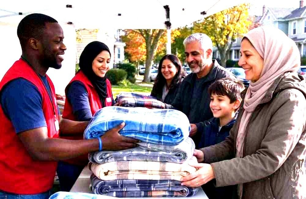 Wide view of volunteers distributing folded blankets to a queue of families at a community relief point outdoors, bright daylight, organised distribution line