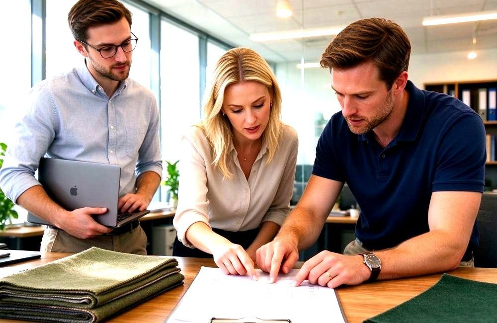 Wide view of a European procurement team reviewing a bulk order checklist with fabric samples on the table in a bright office, professional discussion scene