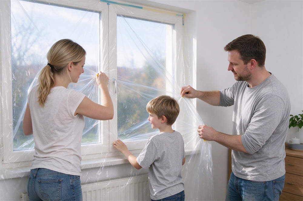 Family sealing windows with plastic sheeting, volcanic ash preparedness home protection and volcano emergency kit steps