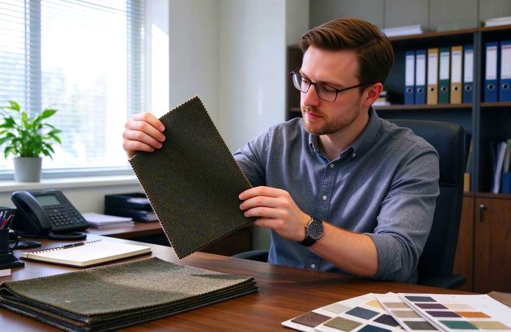 European buyer examines olive wool blend fabric swatches and color samples for emergency blanket production in office