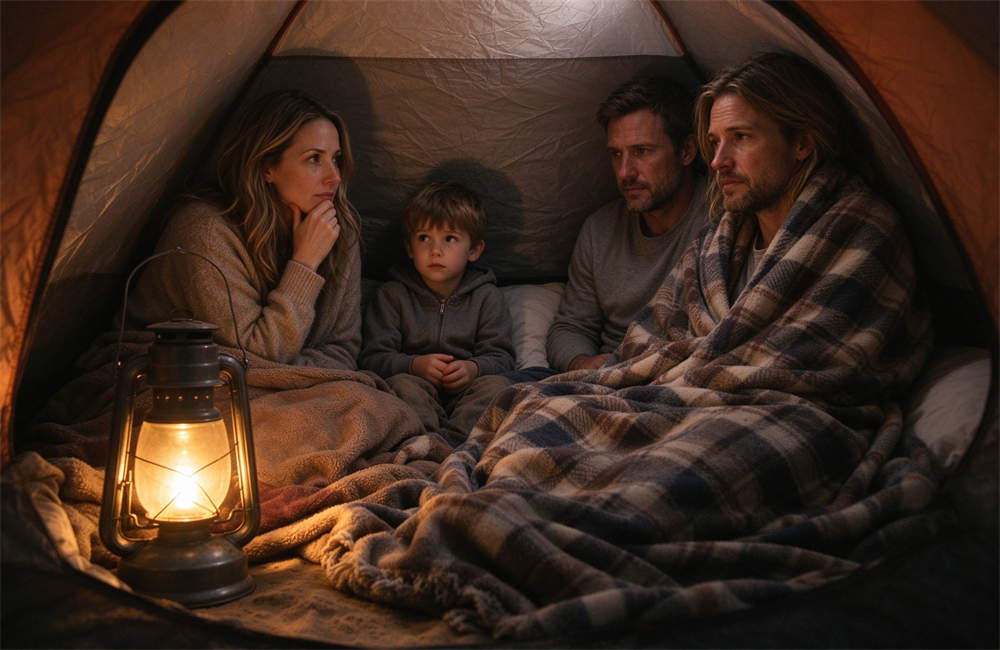 Caucasian family sheltering inside home tent during sandstorm, warm wool blankets and lantern light, emergency shelter