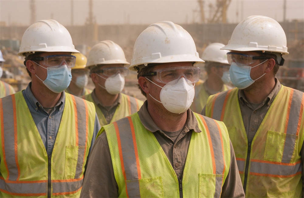 Construction workers wearing hard hats, N95 masks, goggles, hi vis vests at dusty job site, industrial sandstorm PPE